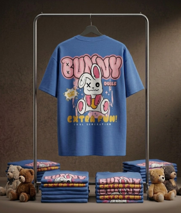 Bunny Bear Oversized Graphic T-Shirt-Blue