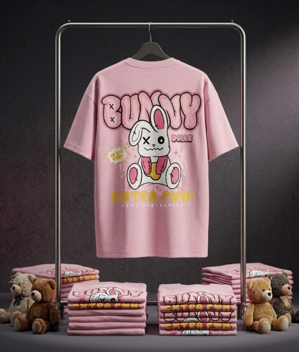 Bunny Bear Oversized Graphic T-Shirt-Pink